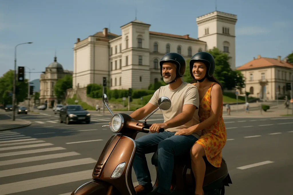 para na wycieczce skuterem retro jedzie koło zamku Sułkowskich w bielsku-białej