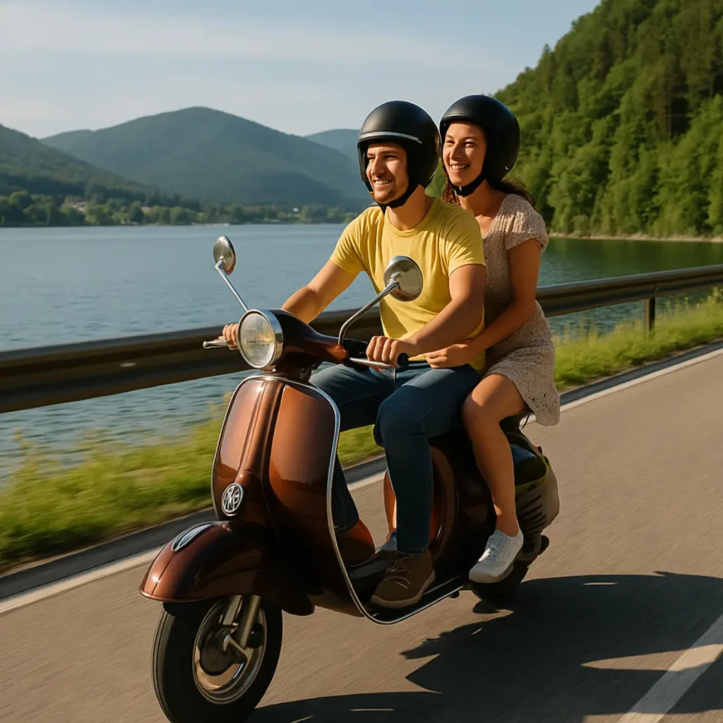 para jedzie na romantyczną randkę skuterze vintage przez międzybrodzie żywieckie
