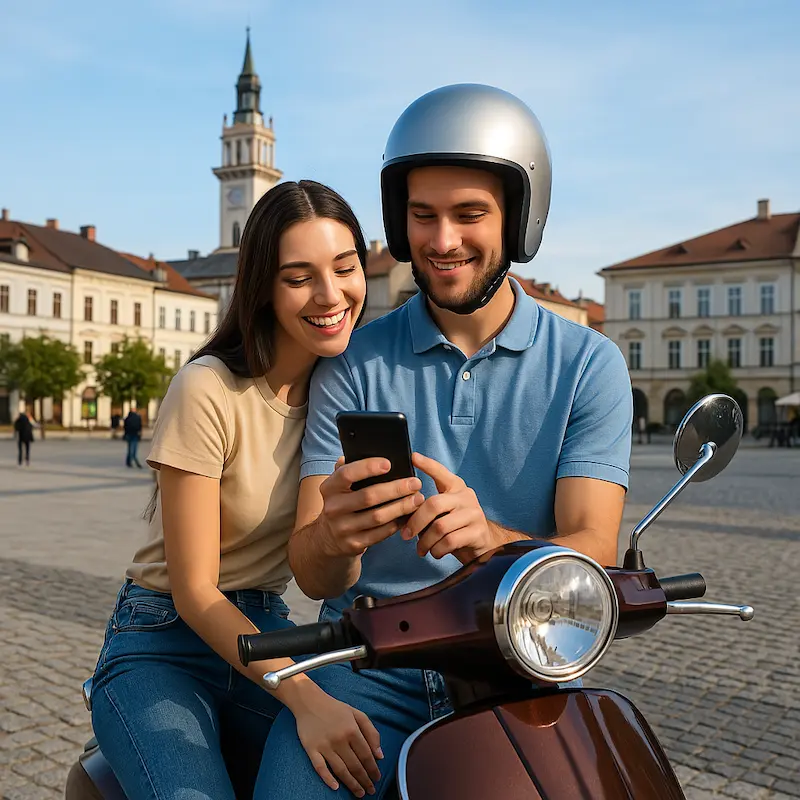 para zaparkowała skuterem vintage na rynku ZWM w Bielsku-Białej w trakcie city break